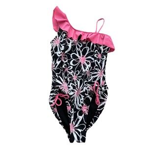 Justice Girl's Black Floral Asymmetrical Ruffle One-Piece Swimsuit Lined Size 10